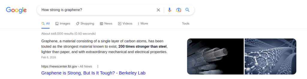 The question how strong is graphene in Google search