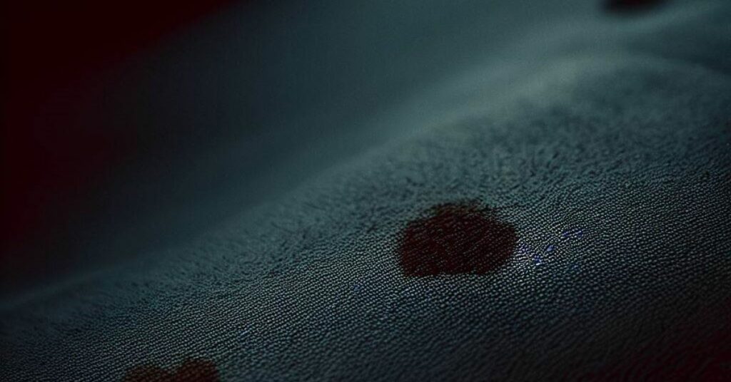 Dark spots of bedbugs are visible on a car seat