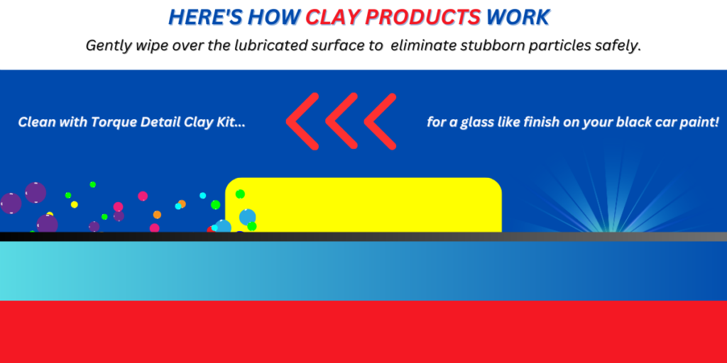 This infographic demonstrates how clay bar products effectively clean the surface of a brand-new black car.