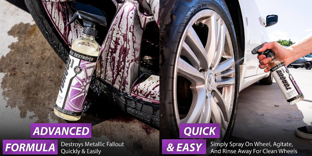 The image features the torque-detail's Purple Destroyer Wheel Cleaner in action, highlighting its effectiveness in cleaning car tires and wheels.