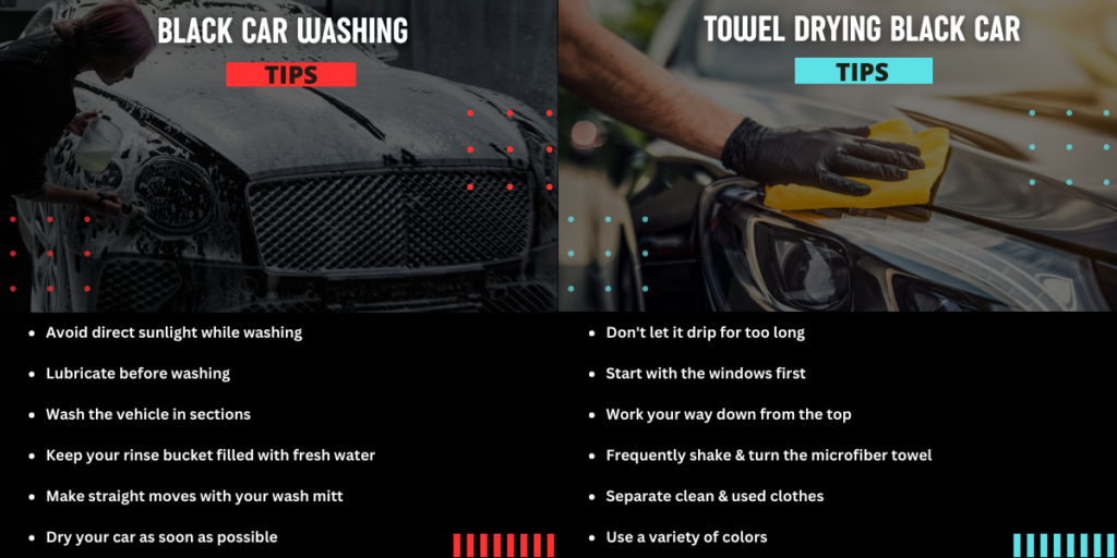 The image showcases a set of helpful tips for properly rinsing and drying a black car after using a clay bar.