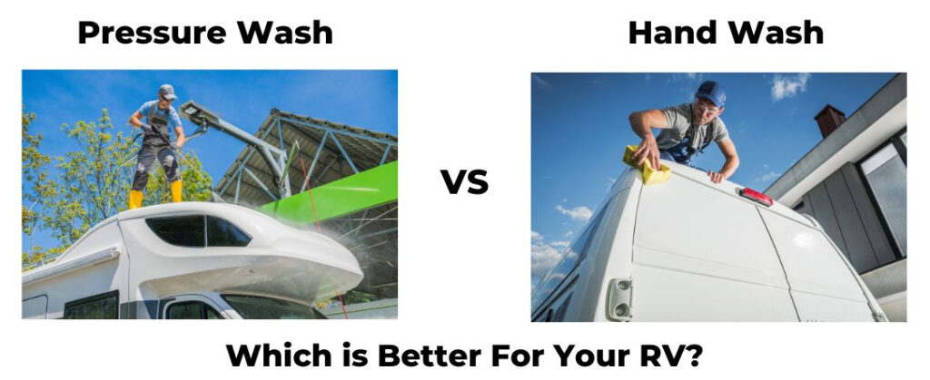 Two ways to clean an RV: On the left, a man efficiently pressure washing an RV, while on the right, he uses a hand washing method.