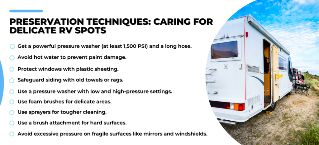 Detailed guide describes the meticulous steps required to clean delicate parts when pressure washing an RV.