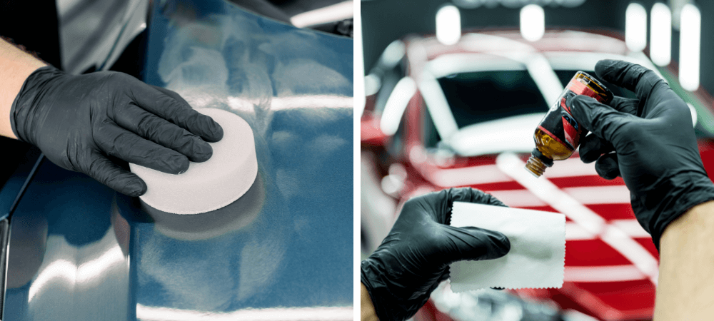 Image of a hand with black gloves handling carnauba wax  in the left and another hand holding cloth and synthetic wax in the right