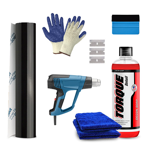 Materials needed for DIY Car Vinyl Wrapping - Torque Detail Decon soap, microfiber towel, razor blade, heat gun, cotton gloves, vinyl wrap, and squeegee.