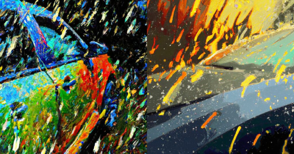  Artistic representation of acid rain falling on a car, showcasing colorful splashes and streaks